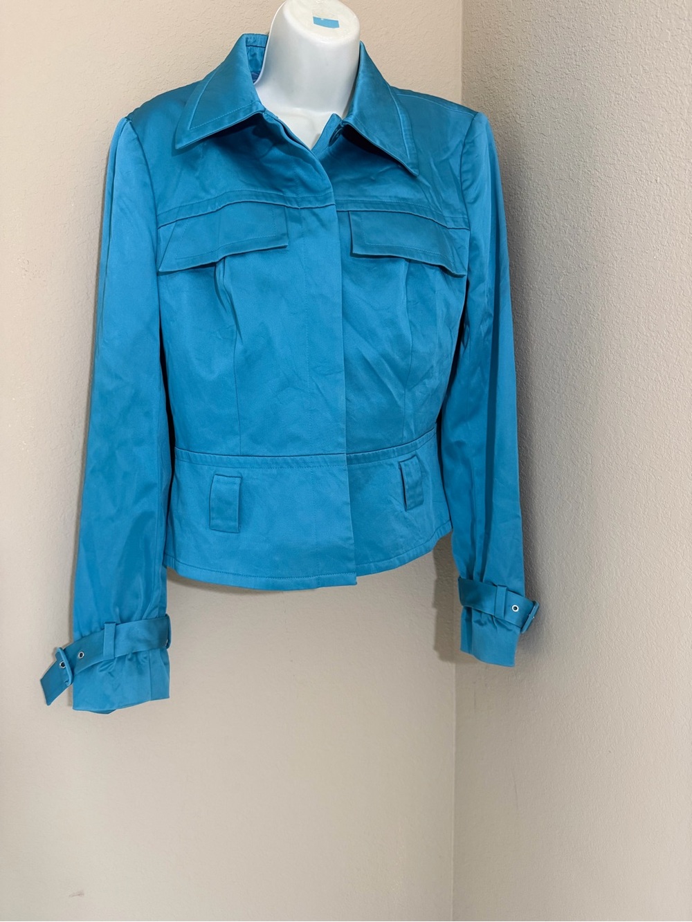CACHE Vintage Y2K Satin Teal Blue Belted Button Up Moto Jacket